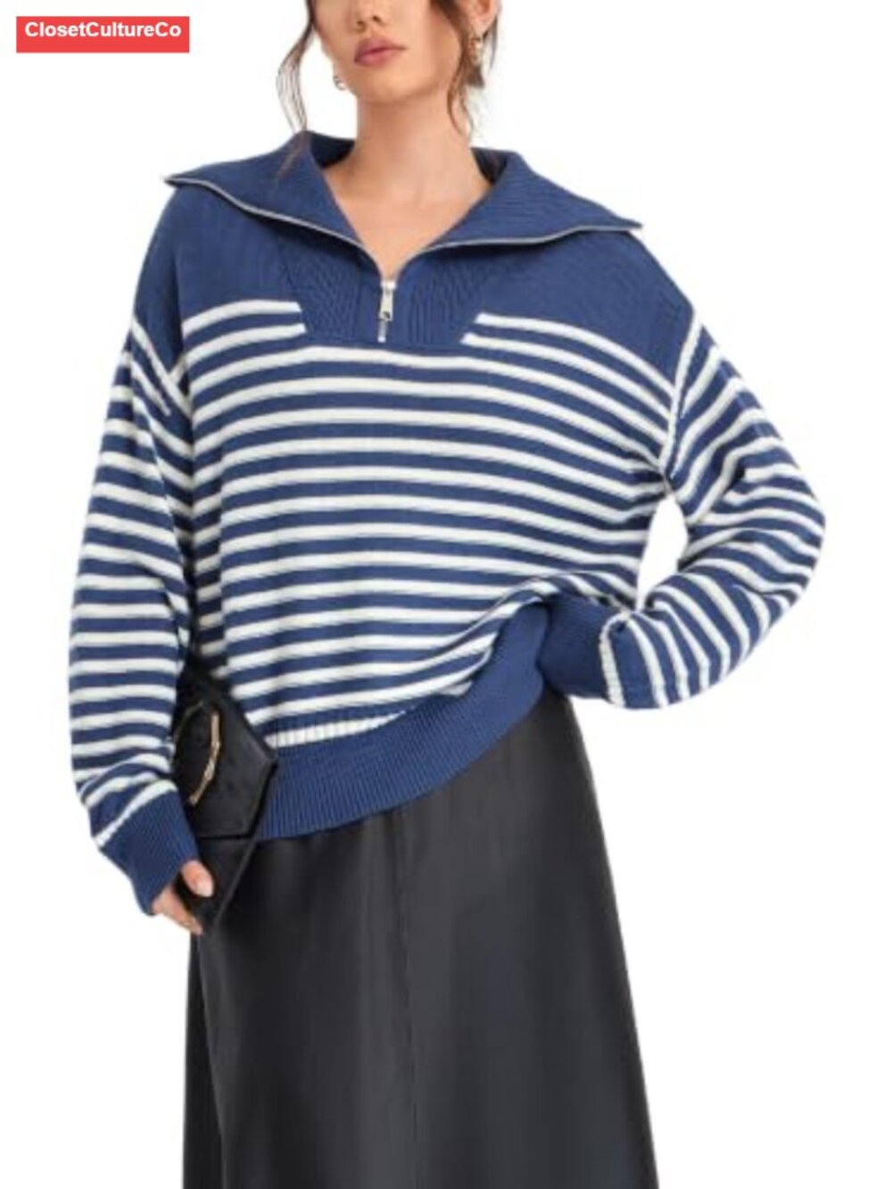 Wool Blend Quarter Zip Sweater Collared Pullover Oversized Knit Women